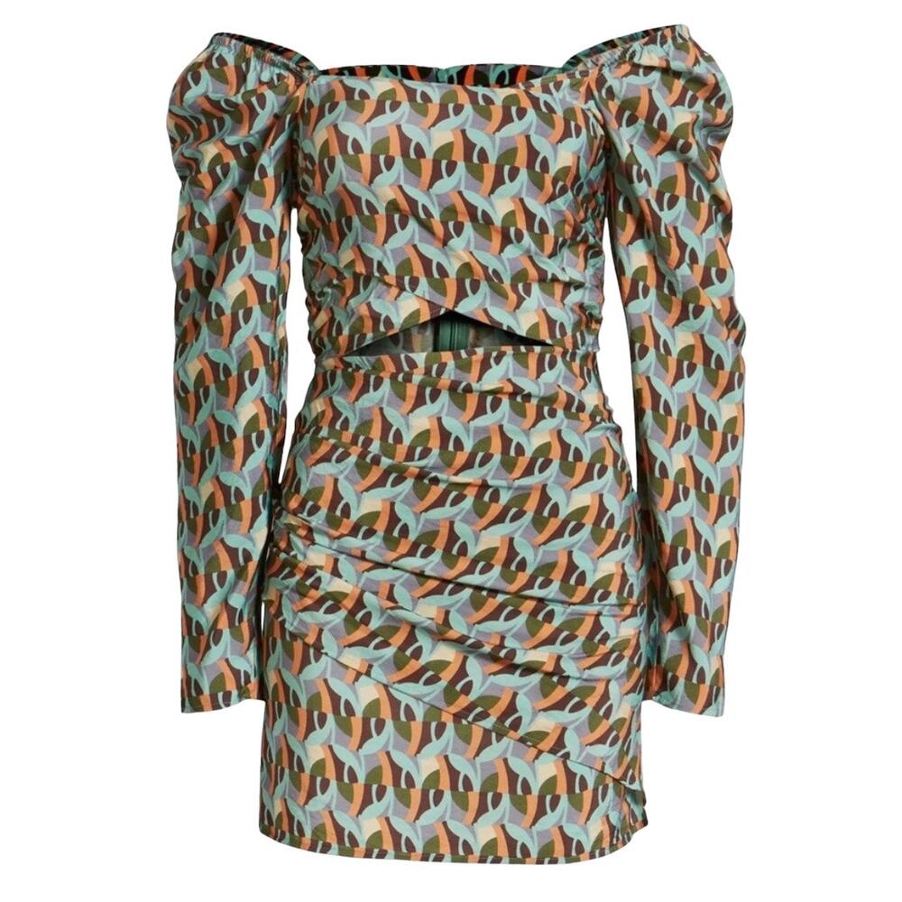 Topshop Geometric Cutout Mini Dress Green Orange Retro 70s Mod Festival 6 NWOT - Picture 2 of 15